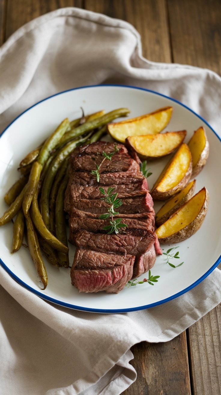 Savory Strip Steak with Roasted Potatoes and Sautéed Green Beans Plate of strip steak with roasted potatoes and sautéed green beans, garnished with herbs, on a rustic table.