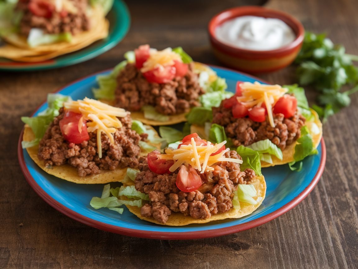 Delicious Tostadas with Ground Beef Tostadas topped with ground beef, lettuce, tomatoes, cheese, on a wooden table with sour cream.