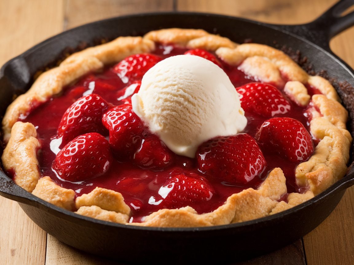 Delicious Peanut Butter and Jelly Cobbler Peanut butter and jelly cobbler in a skillet pan, topped with strawberry pie filling and a scoop of ice cream, on a wooden table.