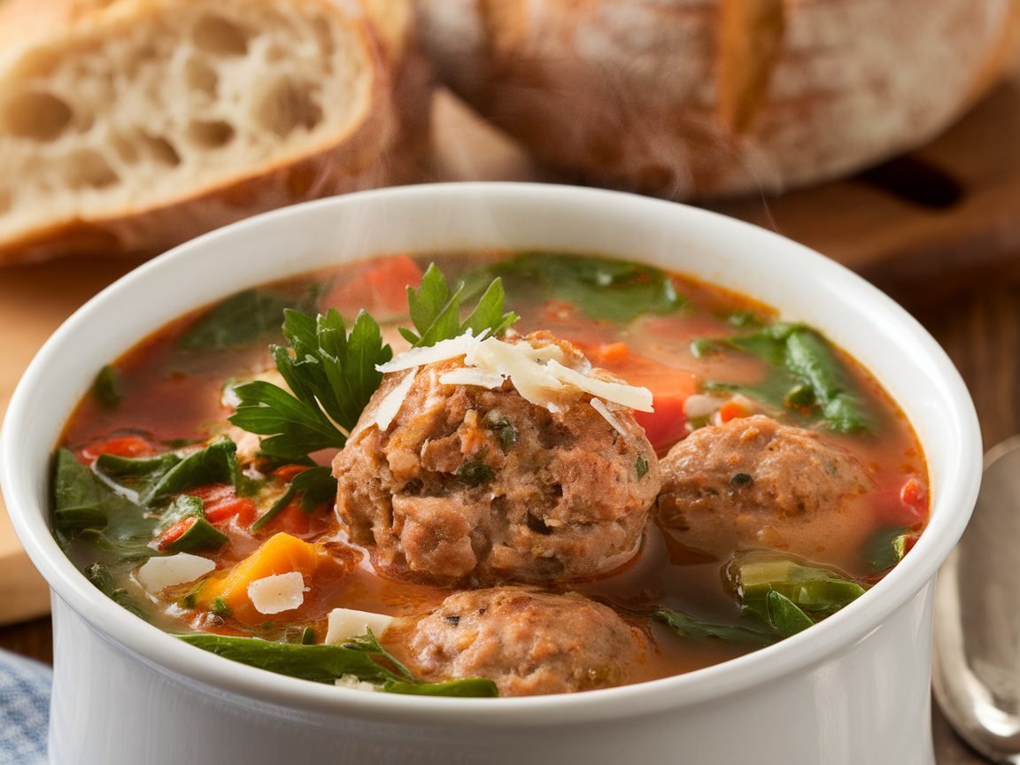 Hearty Italian Meatball Soup Recipe A comforting bowl of Italian Meatball Soup with meatballs, greens, and vegetables, garnished with parsley, on a rustic table with bread.