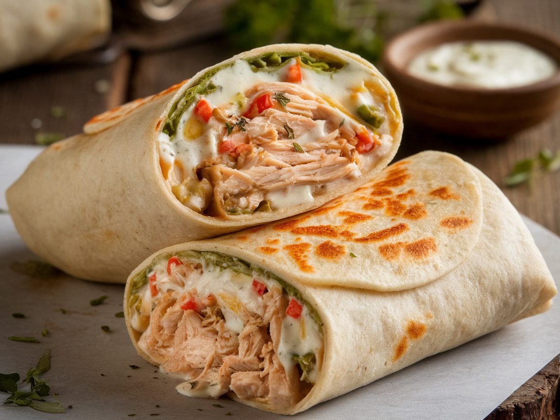 Delicious Cheesy Garlic Chicken Wraps Recipe Cheesy garlic chicken wrap cut in half, displaying the creamy filling with chicken and cheese, on a wooden table.