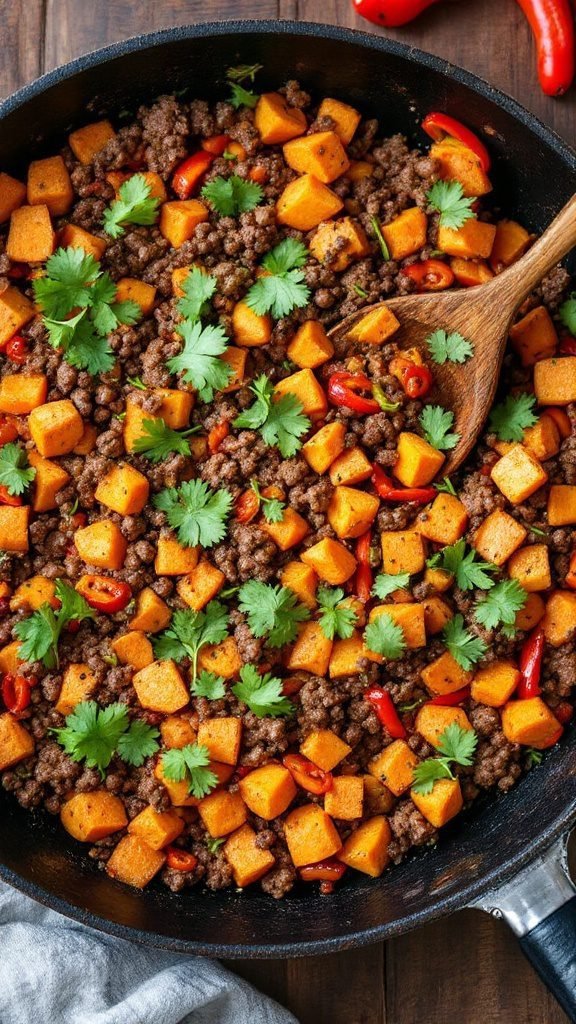 Southwest Ground Beef and Sweet Potato Skillet A hearty skillet filled with ground beef, sweet potatoes, and bell pepper garnished with cilantro.