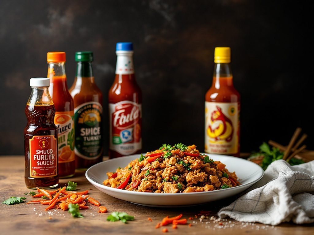 Ground Turkey Teriyaki Stir Fry with colorful vegetables and hot sauce options