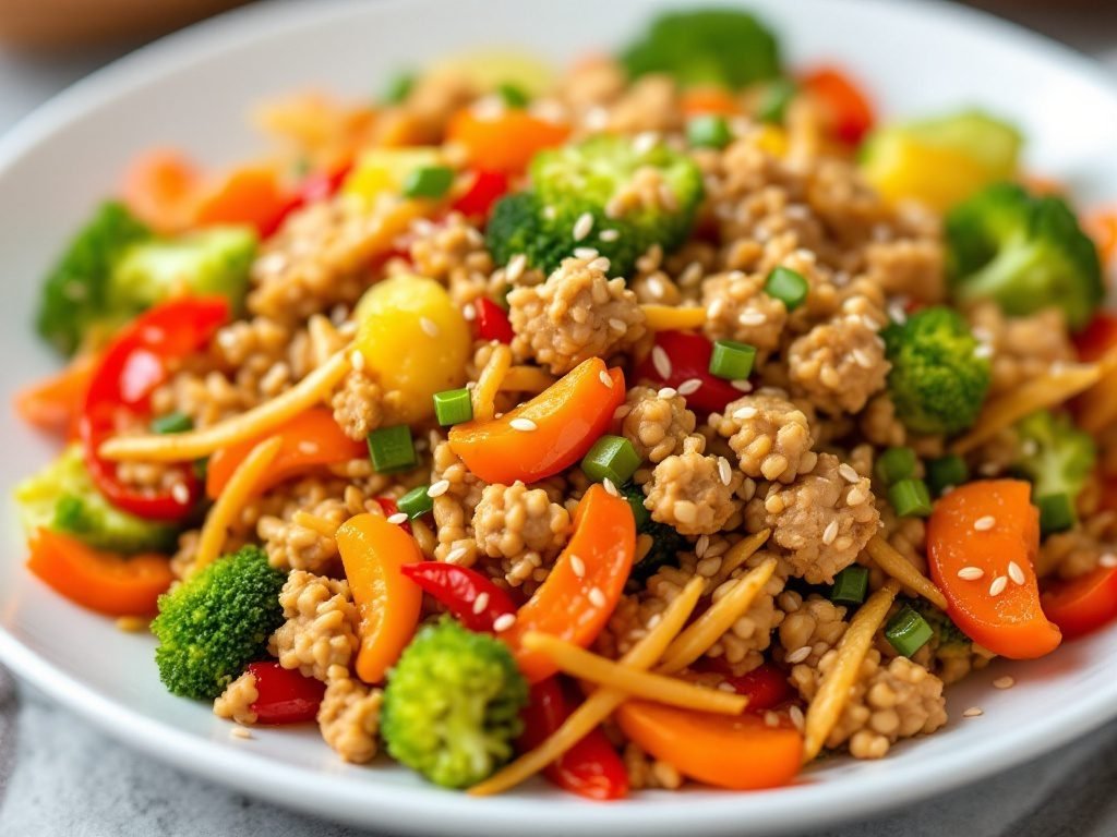 A vibrant plate of ground turkey teriyaki stir fry with vegetables.