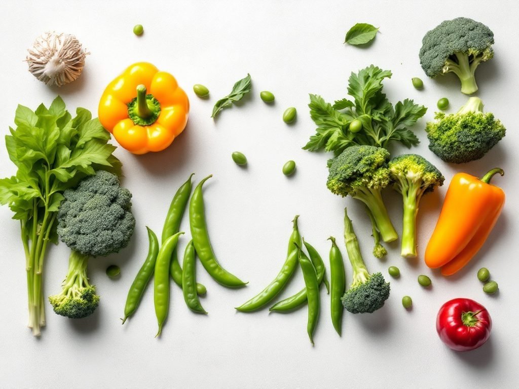 A variety of fresh vegetables including broccoli, bell peppers, and snap peas arranged for stir fry preparation.