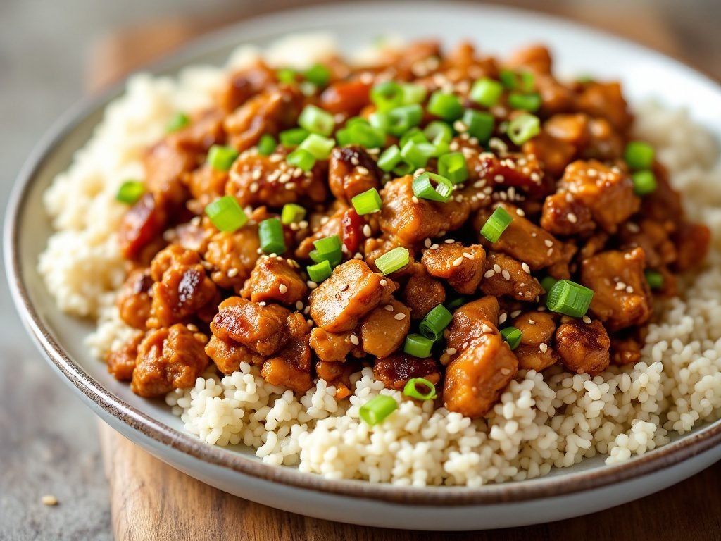 Ground Turkey Teriyaki Stir Fry served on a plate with garnishes