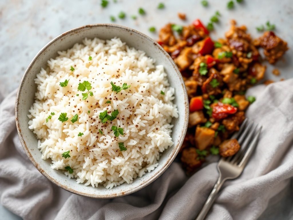 Bowl of fluffy rice beside a colorful ground turkey stir fry dish.