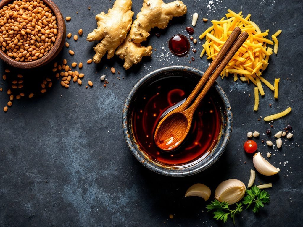 Ingredients for homemade teriyaki sauce including soy sauce, honey, garlic, and ginger.