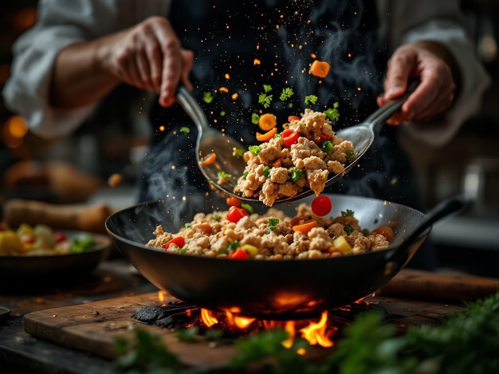 Ground Turkey Teriyaki Stir Fry being prepared in a wok